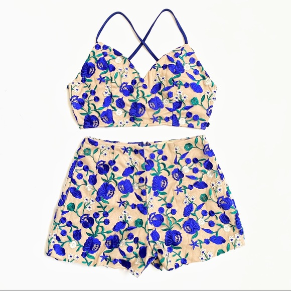 Angel Biba Pants - Nude tan blue green floral flower matching lace up back crop top high rise short